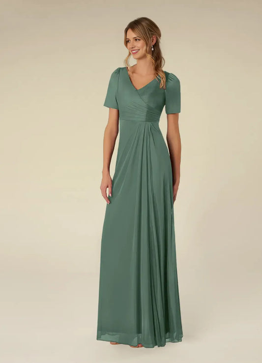 Romantic A-Line Pleated V-Neck Short Sleeve Scoop Back Zip Floor-Length Mother of the Bride Dress for women hot sale