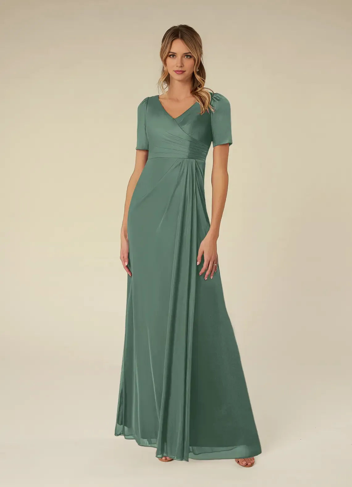 Romantic A-Line Pleated V-Neck Short Sleeve Scoop Back Zip Floor-Length Mother of the Bride Dress for women hot sale