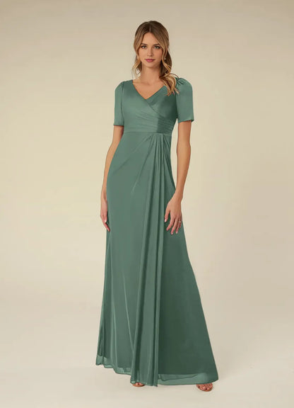 Romantic A-Line Pleated V-Neck Short Sleeve Scoop Back Zip Floor-Length Mother of the Bride Dress for women hot sale