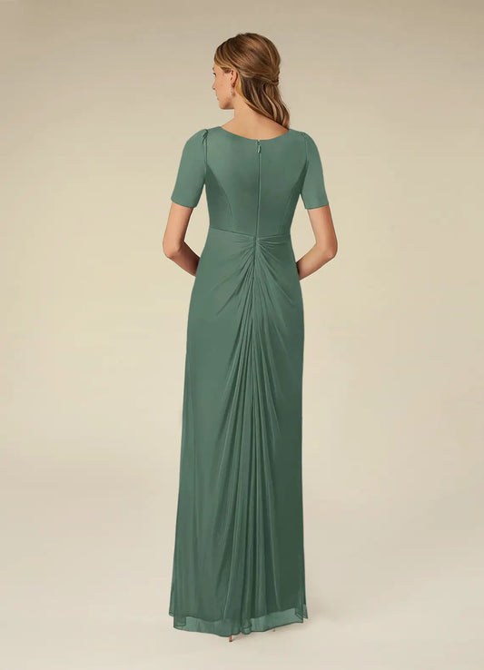 Romantic A-Line Pleated V-Neck Short Sleeve Scoop Back Zip Floor-Length Mother of the Bride Dress for women hot sale