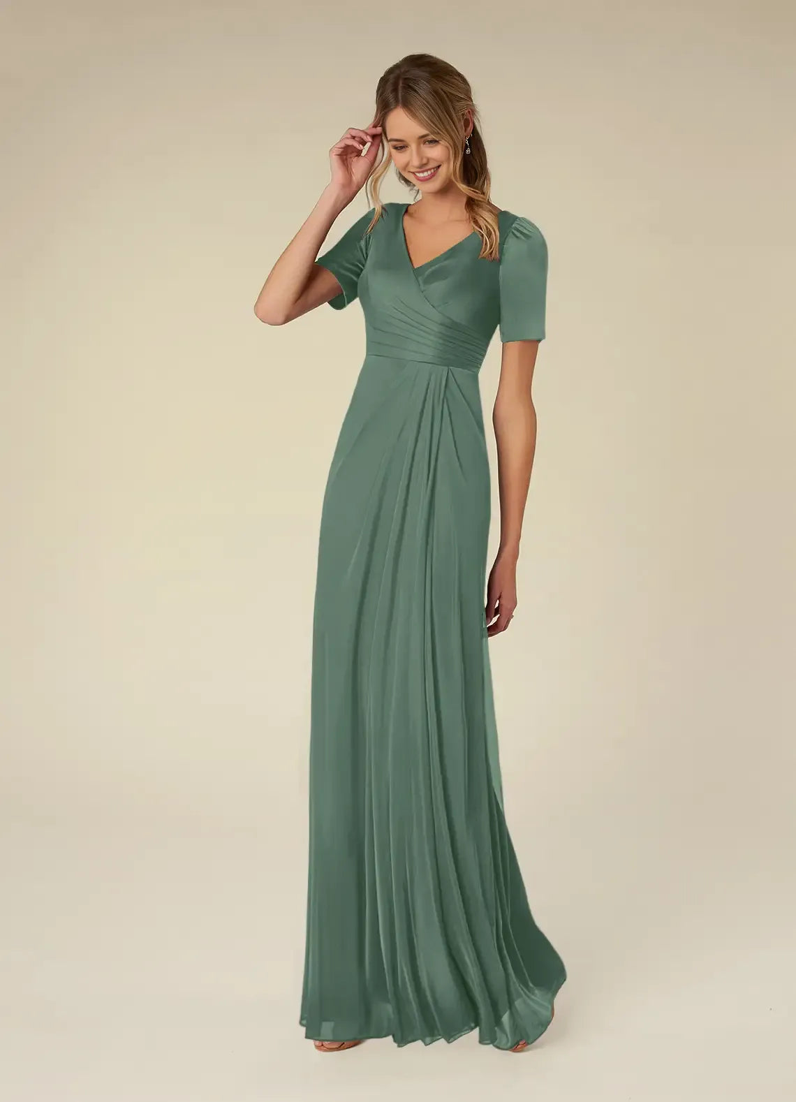 Romantic A-Line Pleated V-Neck Short Sleeve Scoop Back Zip Floor-Length Mother of the Bride Dress for women hot sale
