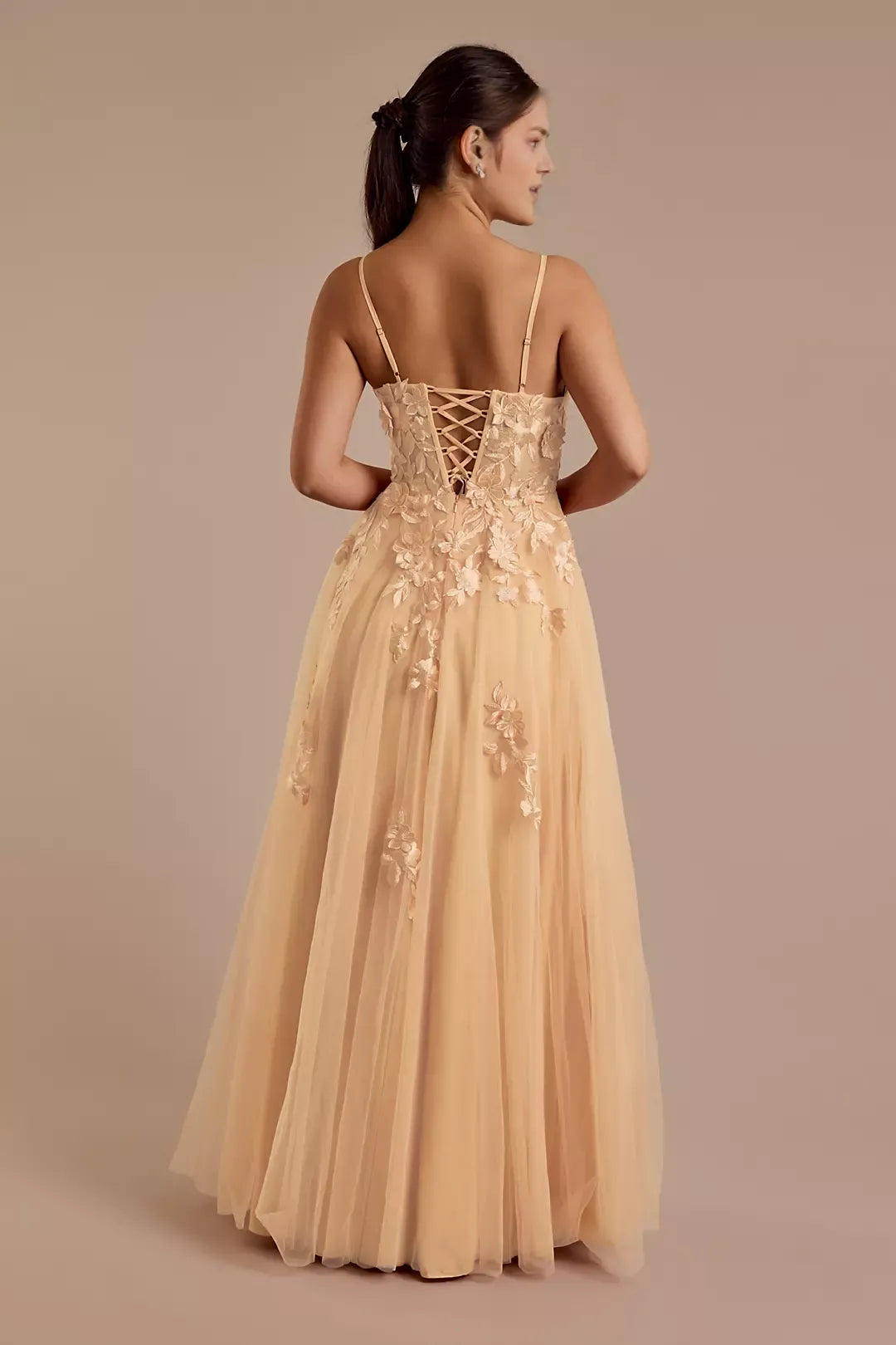 Romantic A-Line Spaghetti-Straps Sleeveless Floral-Embellished Tulle Lace-Up Back Floor-Length Prom Dresses