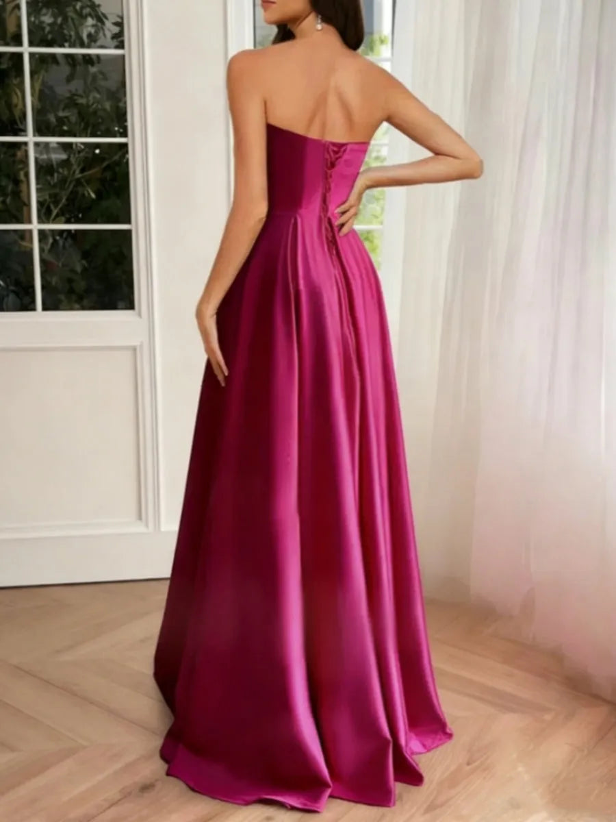 Romantic A-Line Sweetheart Strapless Lace-Up Back Floor Length Satin Ruffles Prom Dresses