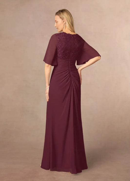 Romantic A-Line V-Neck Lace Flutter Sleeve Back Zip Floor-Length  Mother of the Bride Dress for ladies for mother of the bride