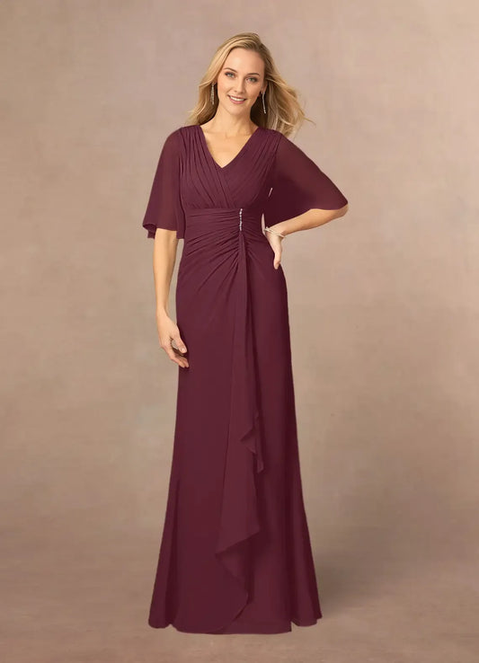 Romantic A-Line V-Neck Lace Flutter Sleeve Back Zip Floor-Length  Mother of the Bride Dress for ladies for mother of the bride