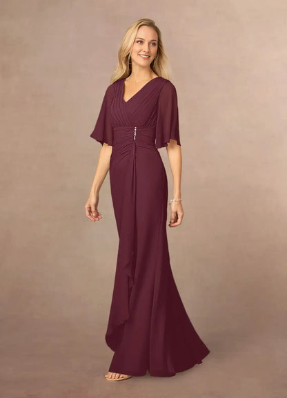 Romantic A-Line V-Neck Lace Flutter Sleeve Back Zip Floor-Length  Mother of the Bride Dress for ladies for mother of the bride