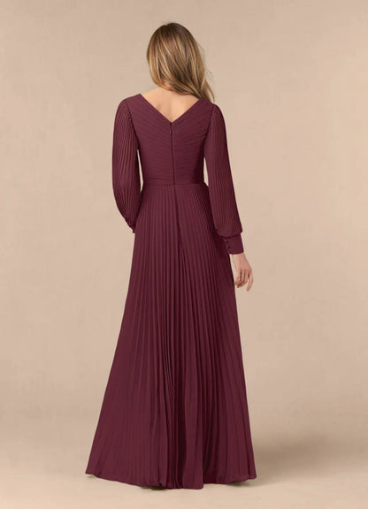 Romantic A-Line V-Neck Long Sleeves Back Zip Floor-Length Mother of the Bride Dress for women hot sale