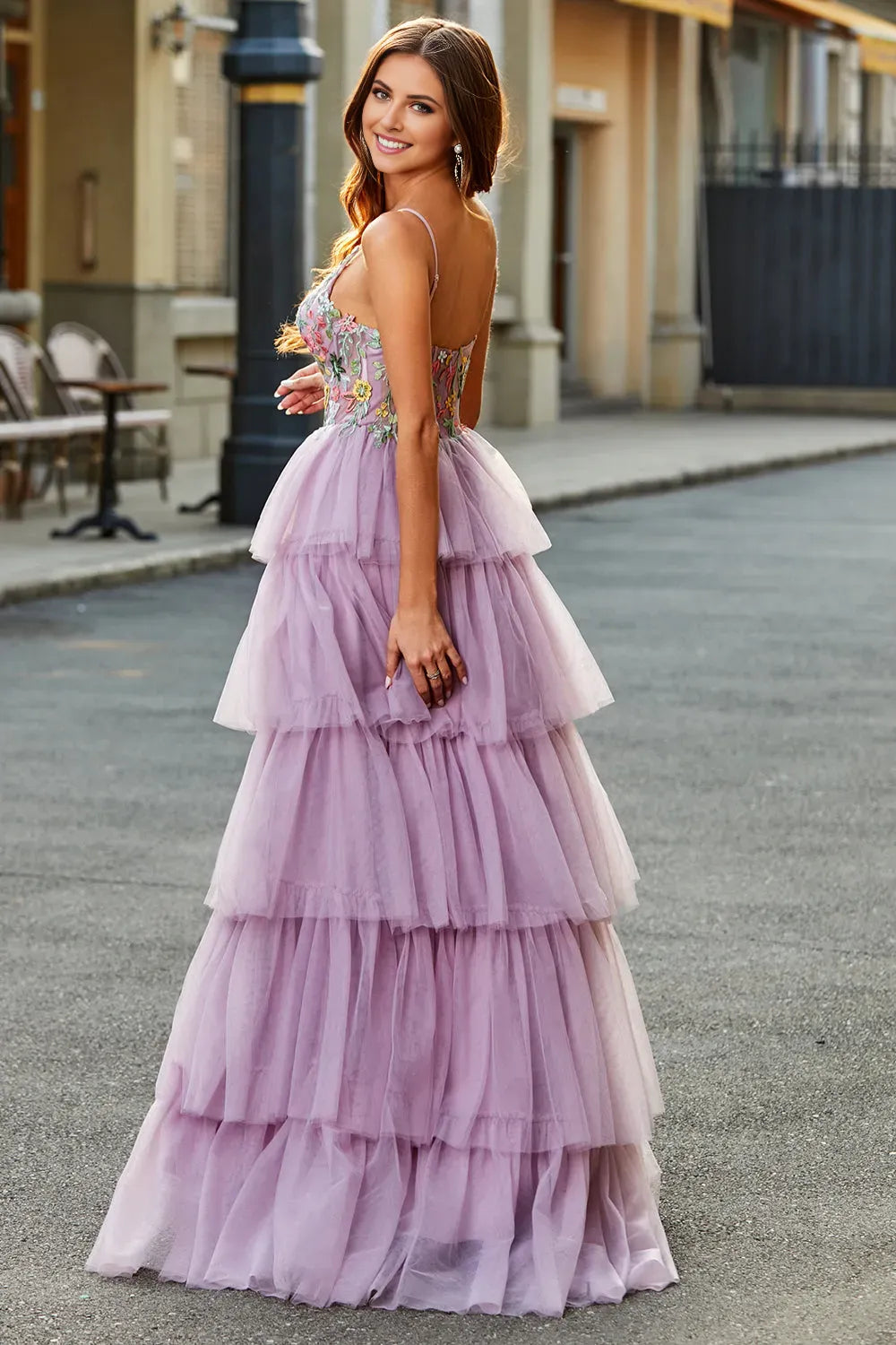 Romantic A-Line V-Neck Spaghetti Strap Tulle Corset Tiered  Back Zip Prom Dress With Appliques