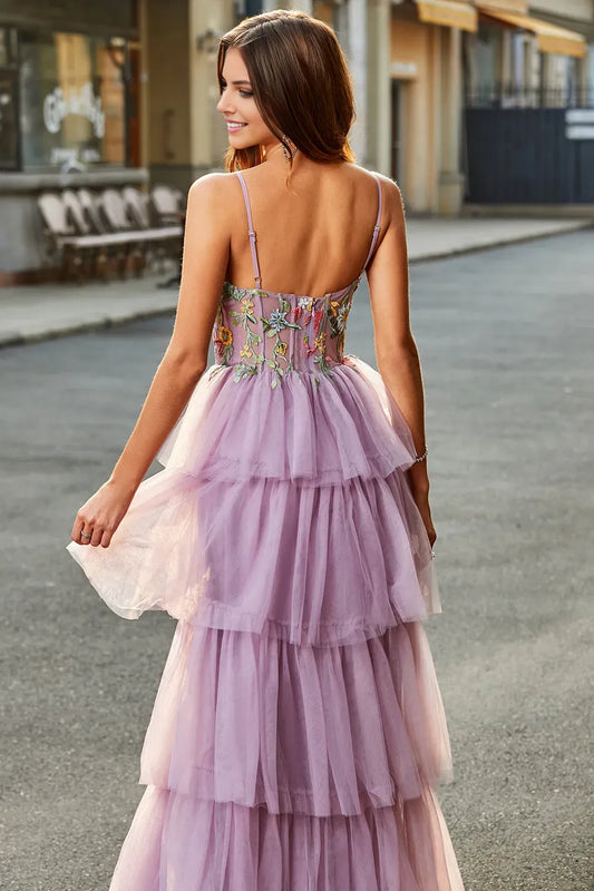 Romantic A-Line V-Neck Spaghetti Strap Tulle Corset Tiered  Back Zip Prom Dress With Appliques