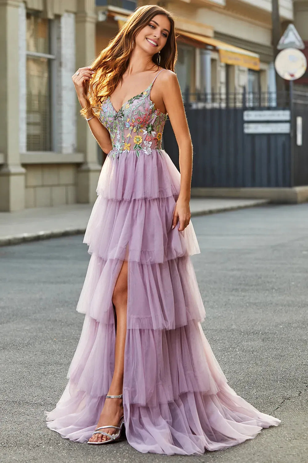 Romantic A-Line V-Neck Spaghetti Strap Tulle Corset Tiered  Back Zip Prom Dress With Appliques