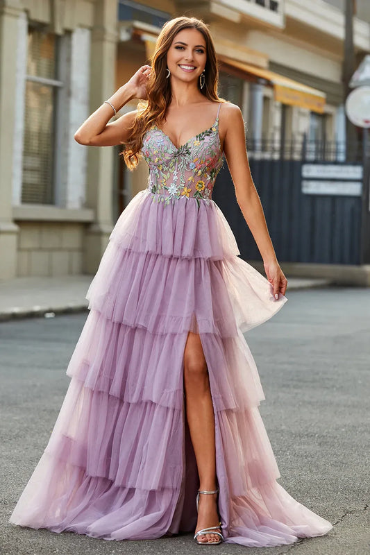 Romantic A-Line V-Neck Spaghetti Strap Tulle Corset Tiered  Back Zip Prom Dress With Appliques
