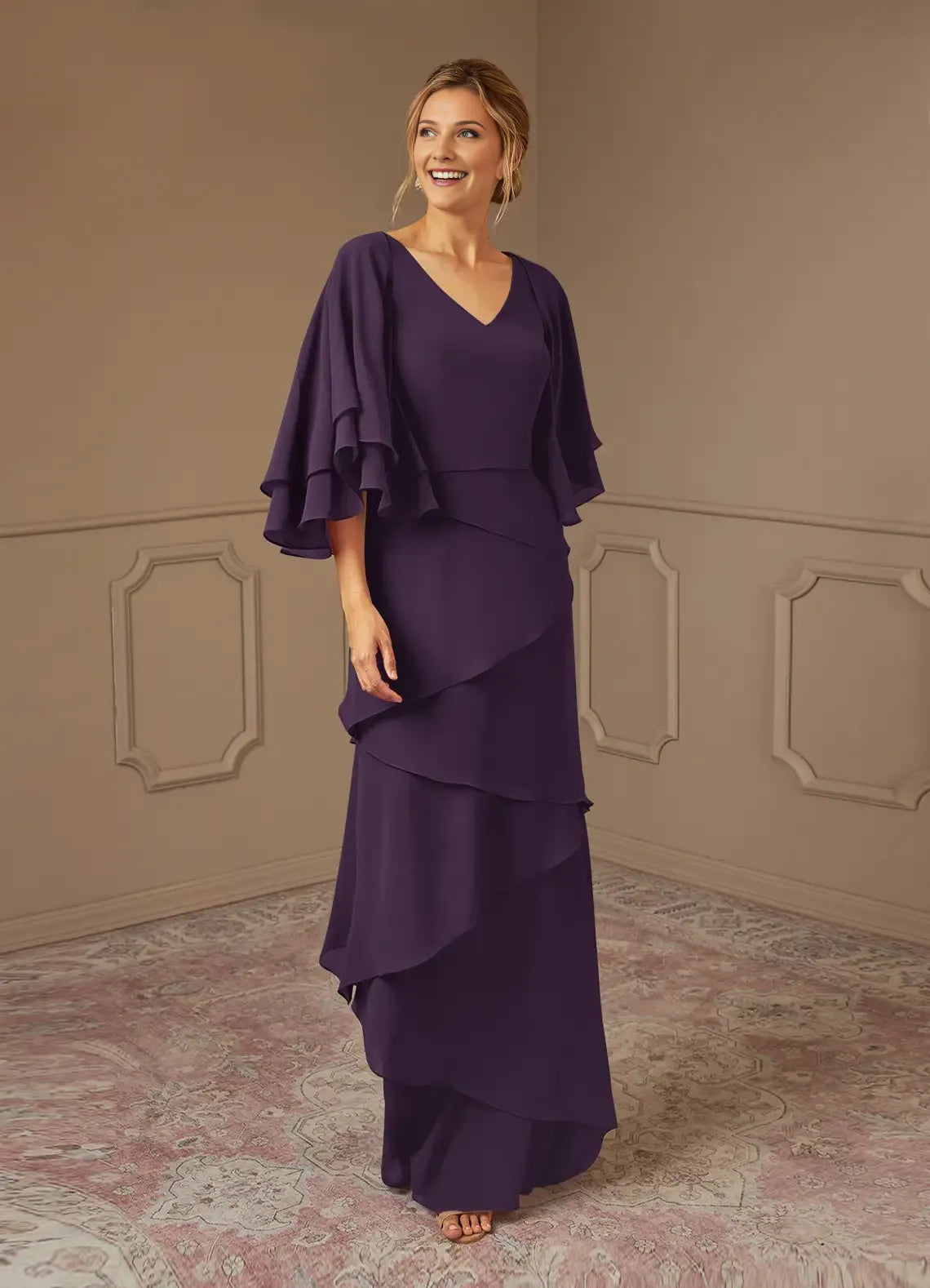 Romantic A-Line V-Neck Two-Piece Flutter Sleeve Back Zip Floor-Length Mother of the Bride Dress for ladies for sale