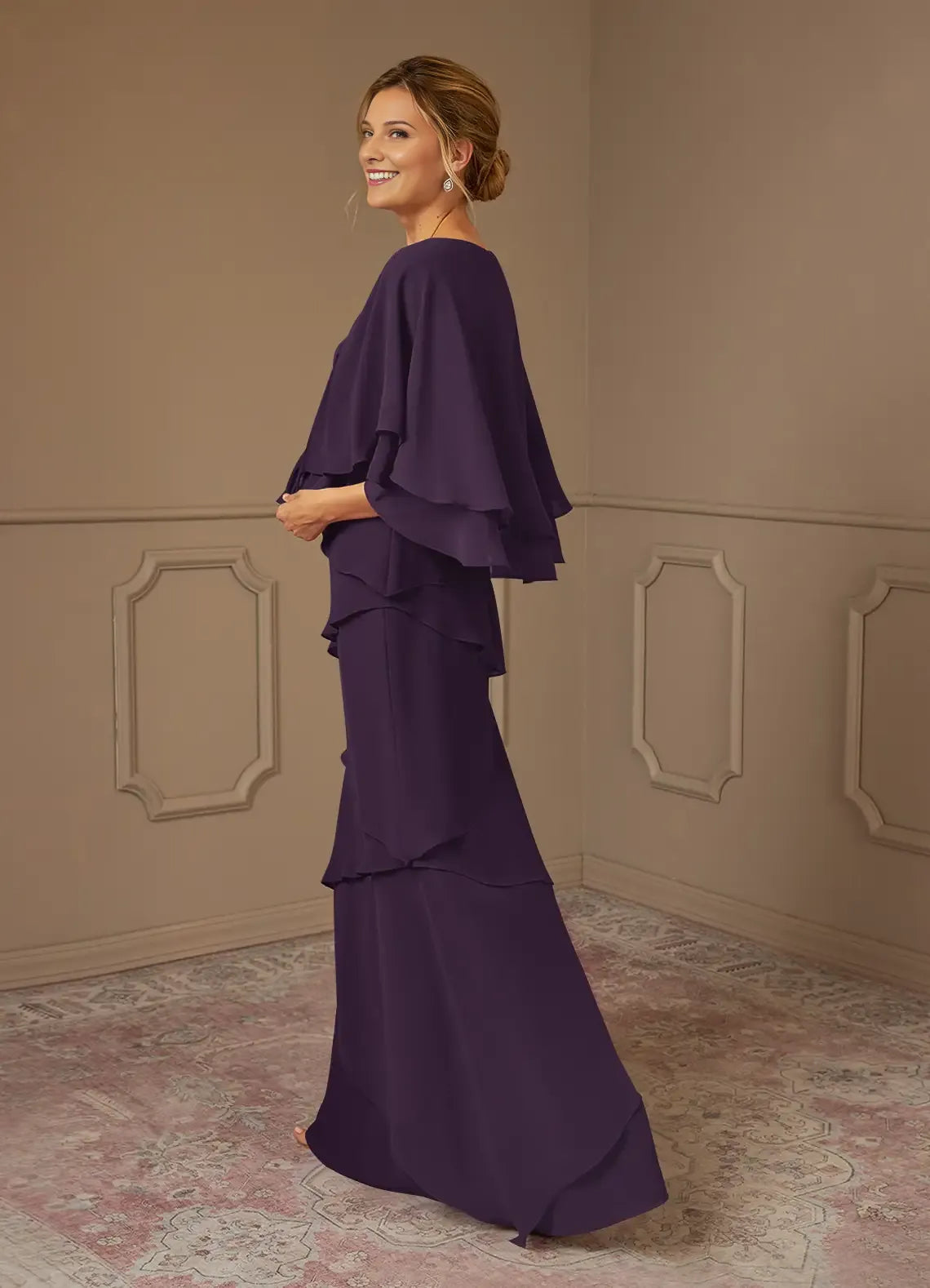 Romantic A-Line V-Neck Two-Piece Flutter Sleeve Back Zip Floor-Length Mother of the Bride Dress for ladies for sale