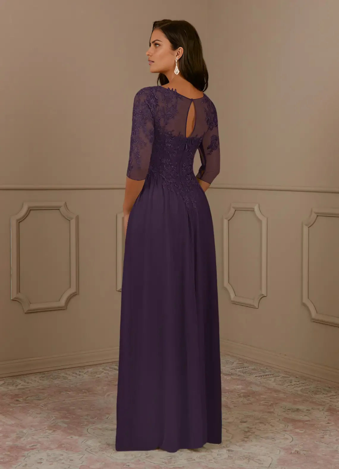 Romantic A-Line lace Scoop Neck Three-Quarter Sleeve Illusion Backless zipper Floor-Length Mother of the Bride Dress hot sale