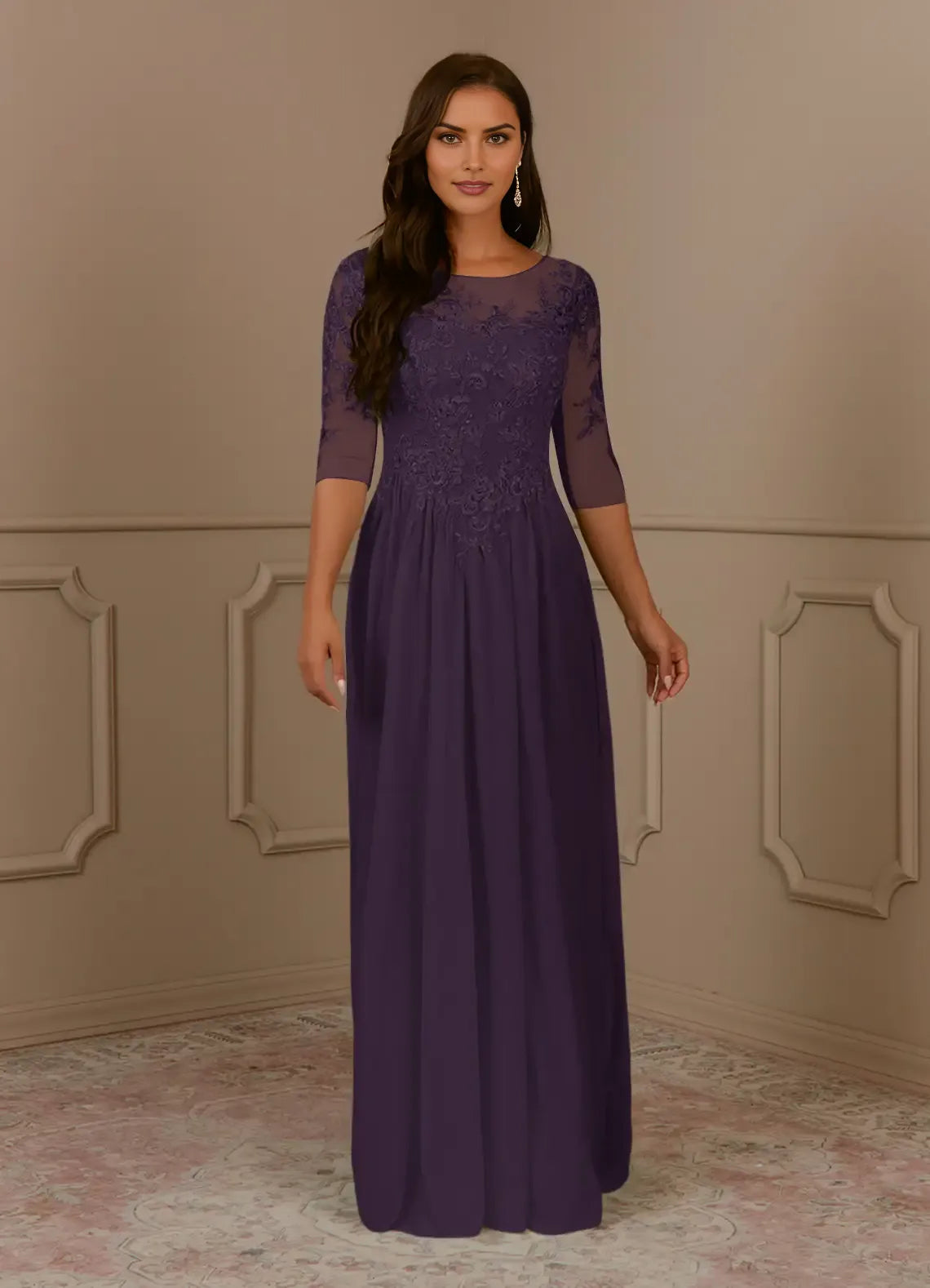 Romantic A-Line lace Scoop Neck Three-Quarter Sleeve Illusion Backless zipper Floor-Length Mother of the Bride Dress hot sale