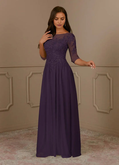 Romantic A-Line lace Scoop Neck Three-Quarter Sleeve Illusion Backless zipper Floor-Length Mother of the Bride Dress hot sale