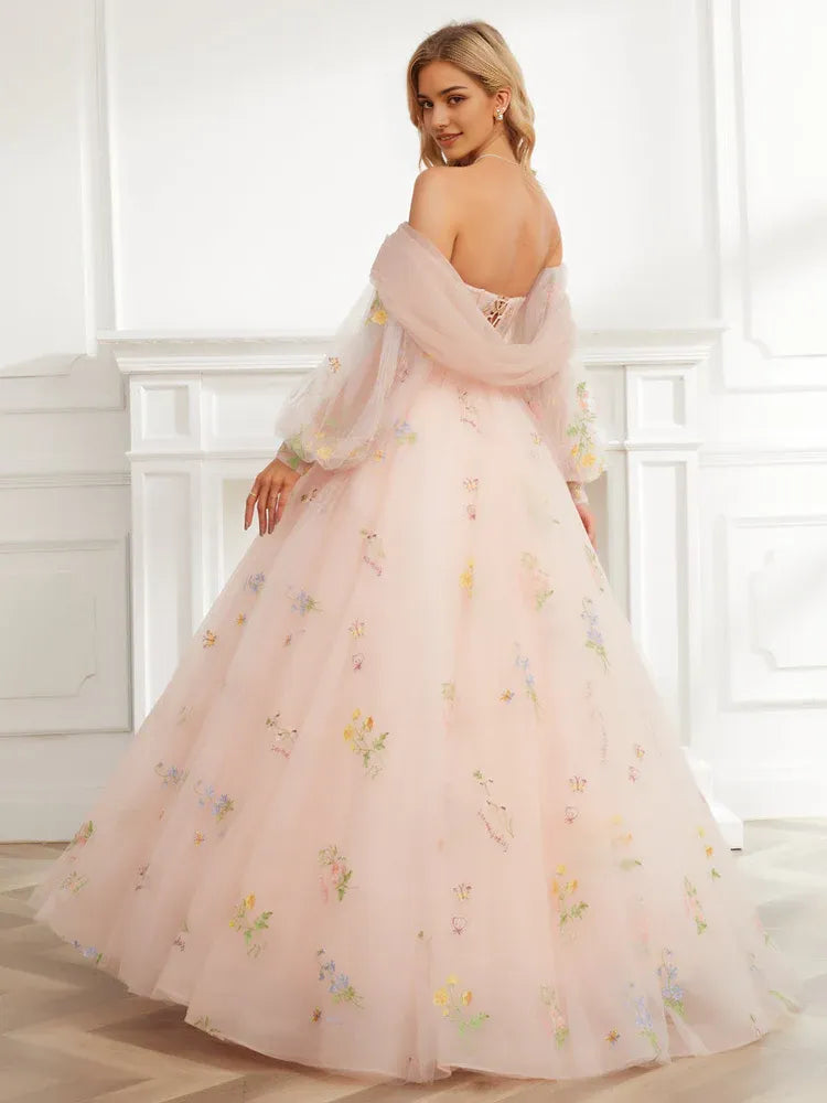 Romantic Ballgown Sweetheart Neck Puff Sleeve Lace Up Floor-Length Tulle Prom Dresses with Detachable Shawl & Sleeves