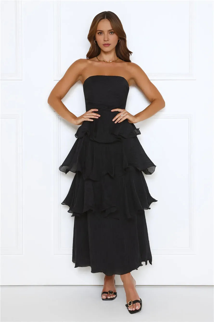 Romantic Black A-Line Strapless Neck Sleeveless Back Zip Ankle-Length Tiered Ruffled Chiffon Prom Dress