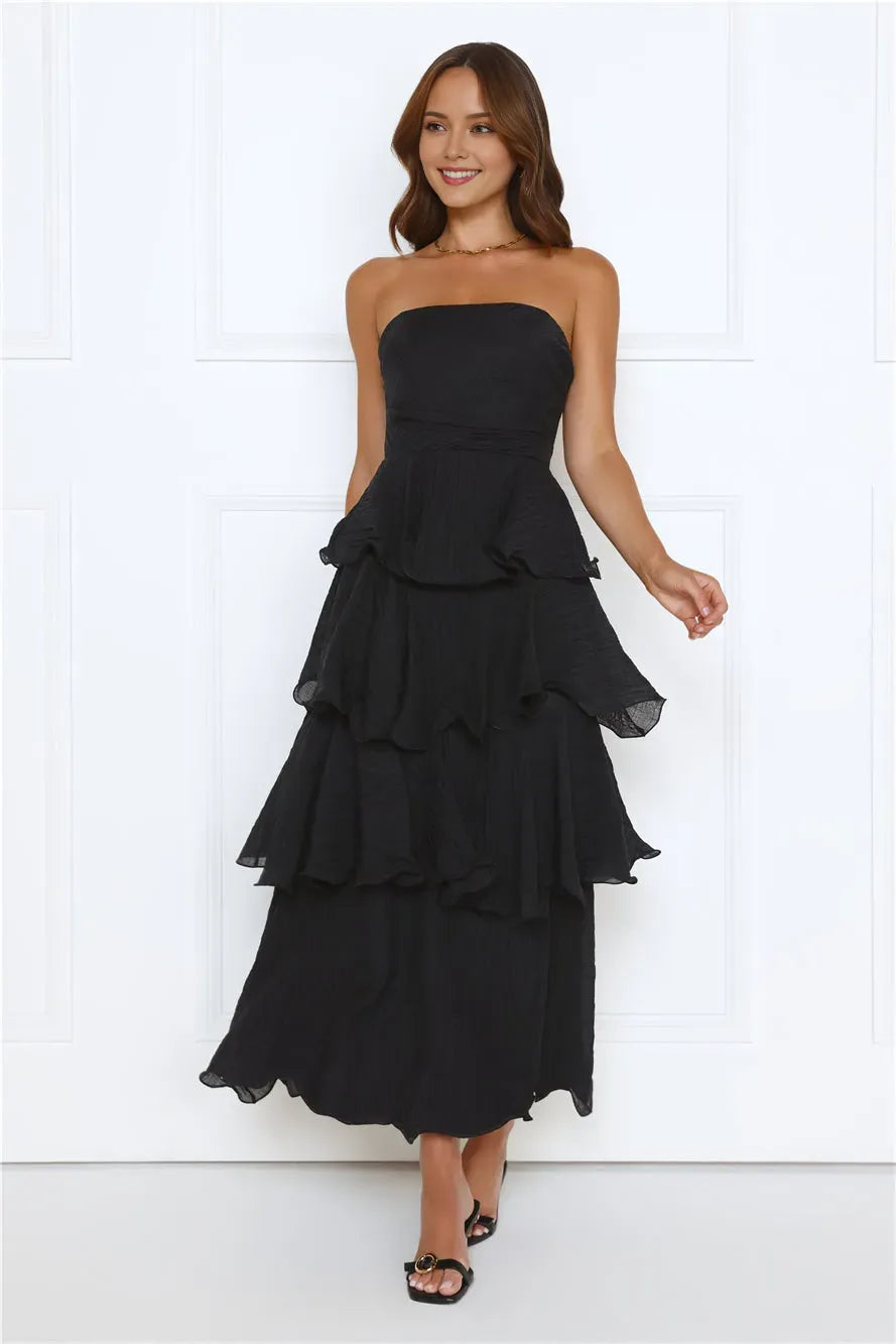 Romantic Black A-Line Strapless Neck Sleeveless Back Zip Ankle-Length Tiered Ruffled Chiffon Prom Dress