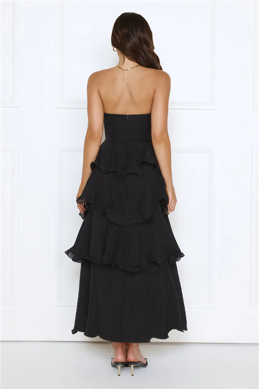 Romantic Black A-Line Strapless Neck Sleeveless Back Zip Ankle-Length Tiered Ruffled Chiffon Prom Dress