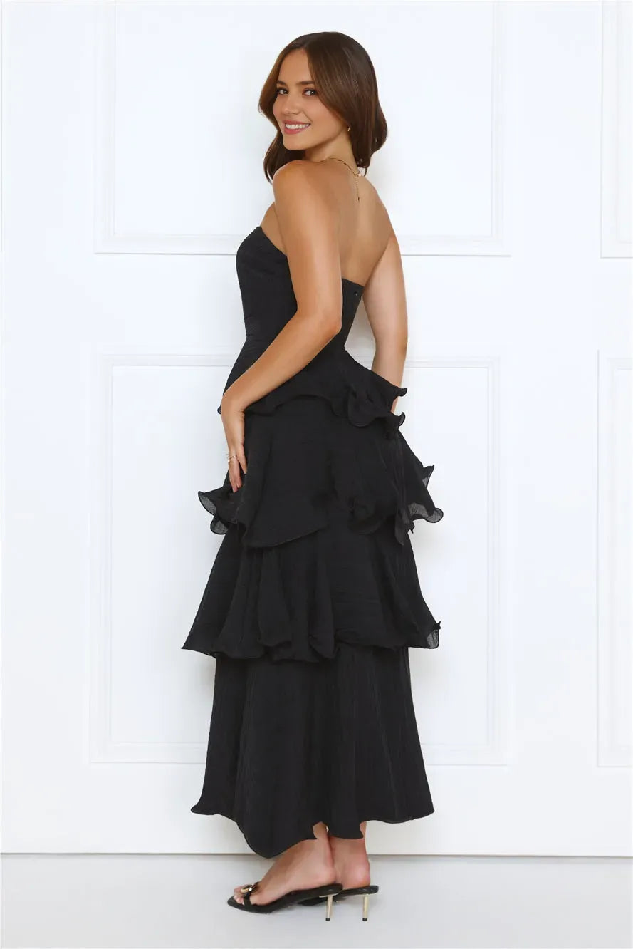 Romantic Black A-Line Strapless Neck Sleeveless Back Zip Ankle-Length Tiered Ruffled Chiffon Prom Dress