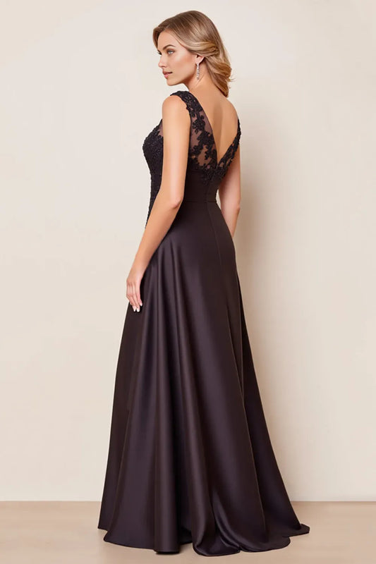 Romantic Black A-Line V-Neck Sleeveless Back Zip Floor-Length Mother of the Bride Dress with Lace