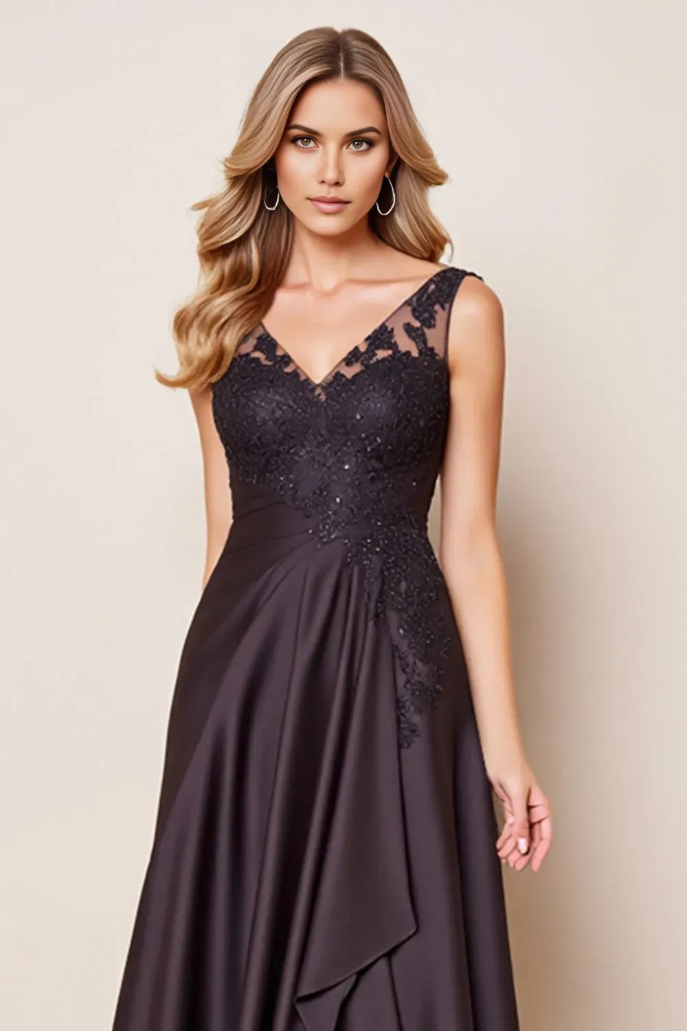 Romantic Black A-Line V-Neck Sleeveless Back Zip Floor-Length Mother of the Bride Dress with Lace