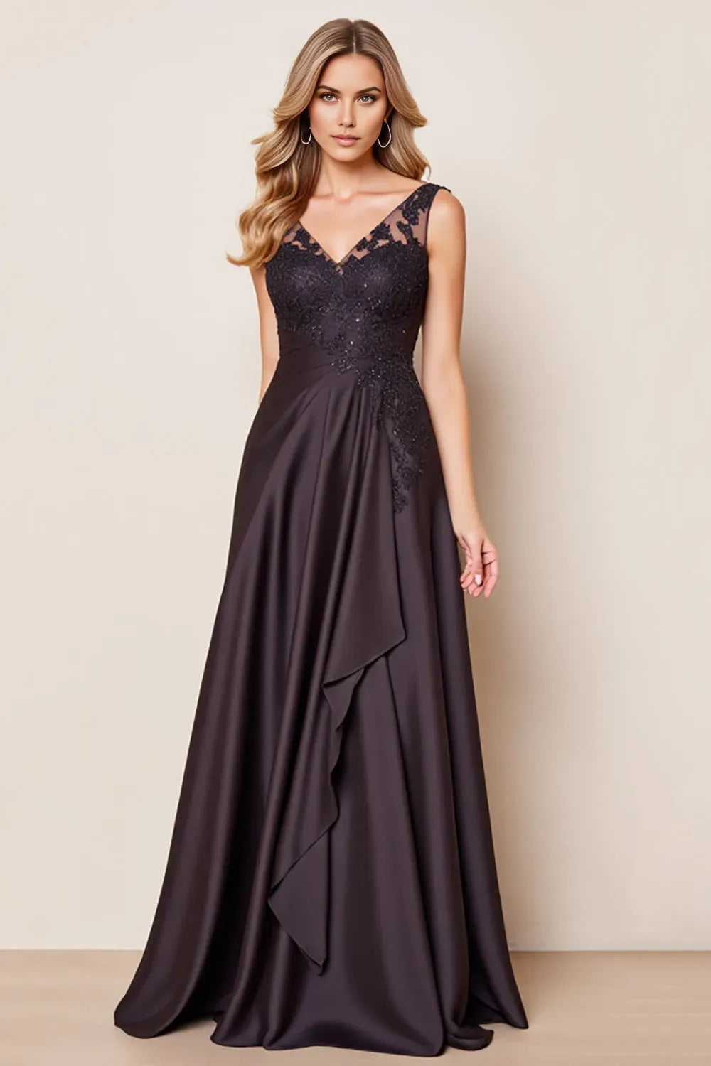 Romantic Black A-Line V-Neck Sleeveless Back Zip Floor-Length Mother of the Bride Dress with Lace