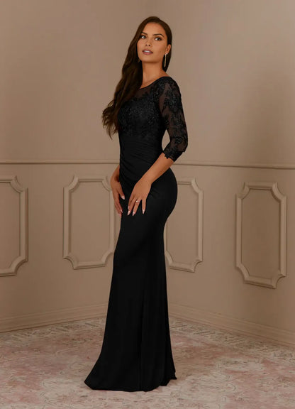 Romantic Black Mermaid Scoop Neck Lace Three-Quarter Sleeve Illusion Back Zip Floor-Length Mother of the Bride Dress hot sale