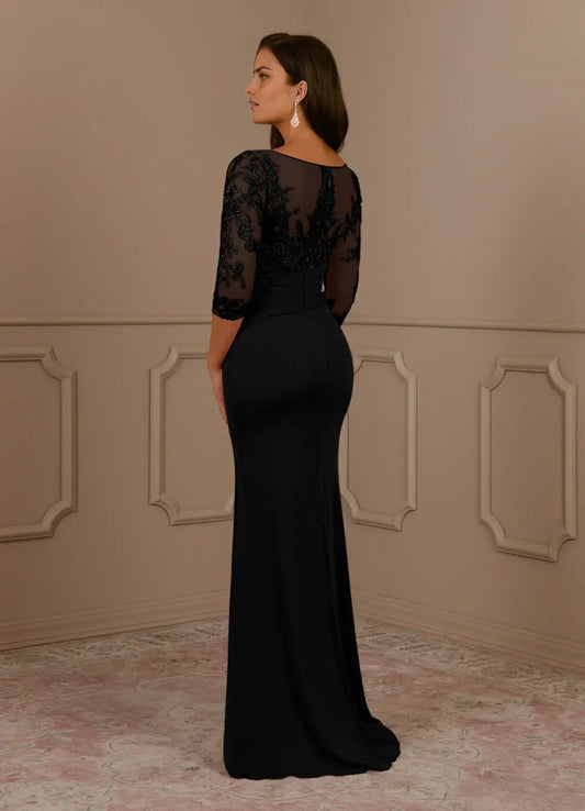 Romantic Black Mermaid Scoop Neck Lace Three-Quarter Sleeve Illusion Back Zip Floor-Length Mother of the Bride Dress hot sale