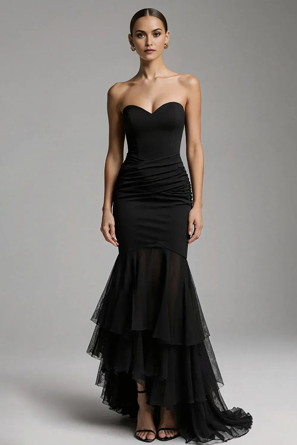 Romantic Black Mermaid Sweetheart Neck Strapless Back Zip Ruffles Tiered Tulle Sweep Train Prom Dresses