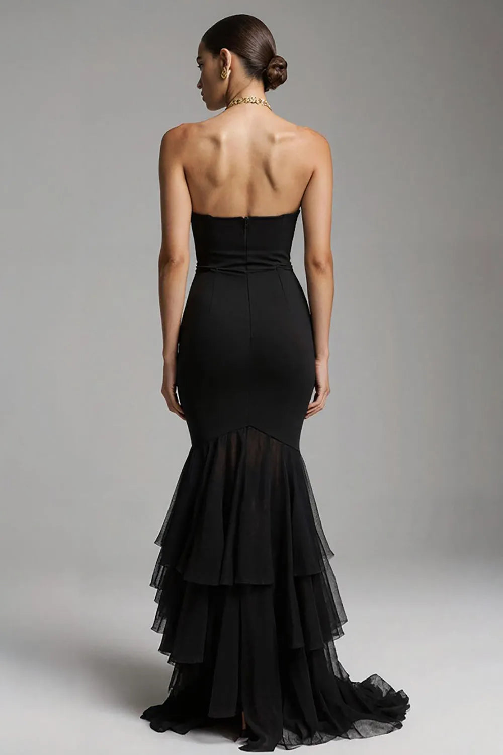 Romantic Black Mermaid Sweetheart Neck Strapless Back Zip Ruffles Tiered Tulle Sweep Train Prom Dresses