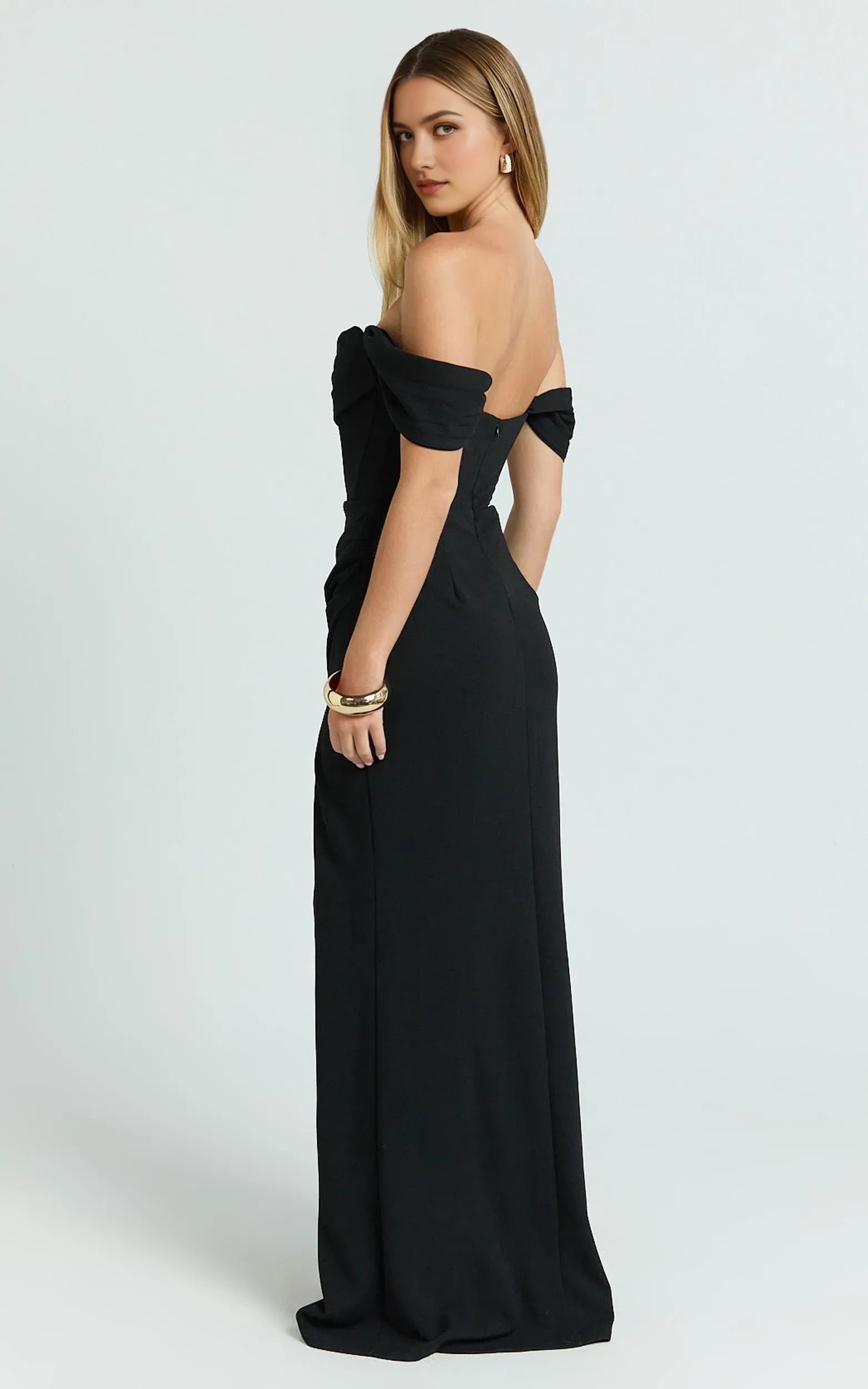 Romantic Black Sheath Off the shoulder Sleeveless Back Zip Draped Bodice Slit Floor-Length Prom Dresses