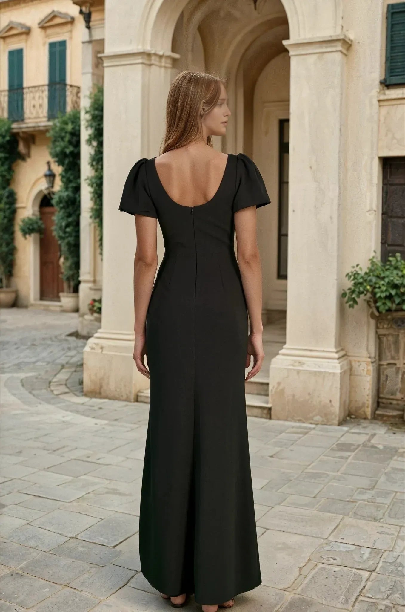 Romantic Black Sheath Square Neck Puff Sleeve Back Zip Floor-Length High Slit Ruched  Prom Dress