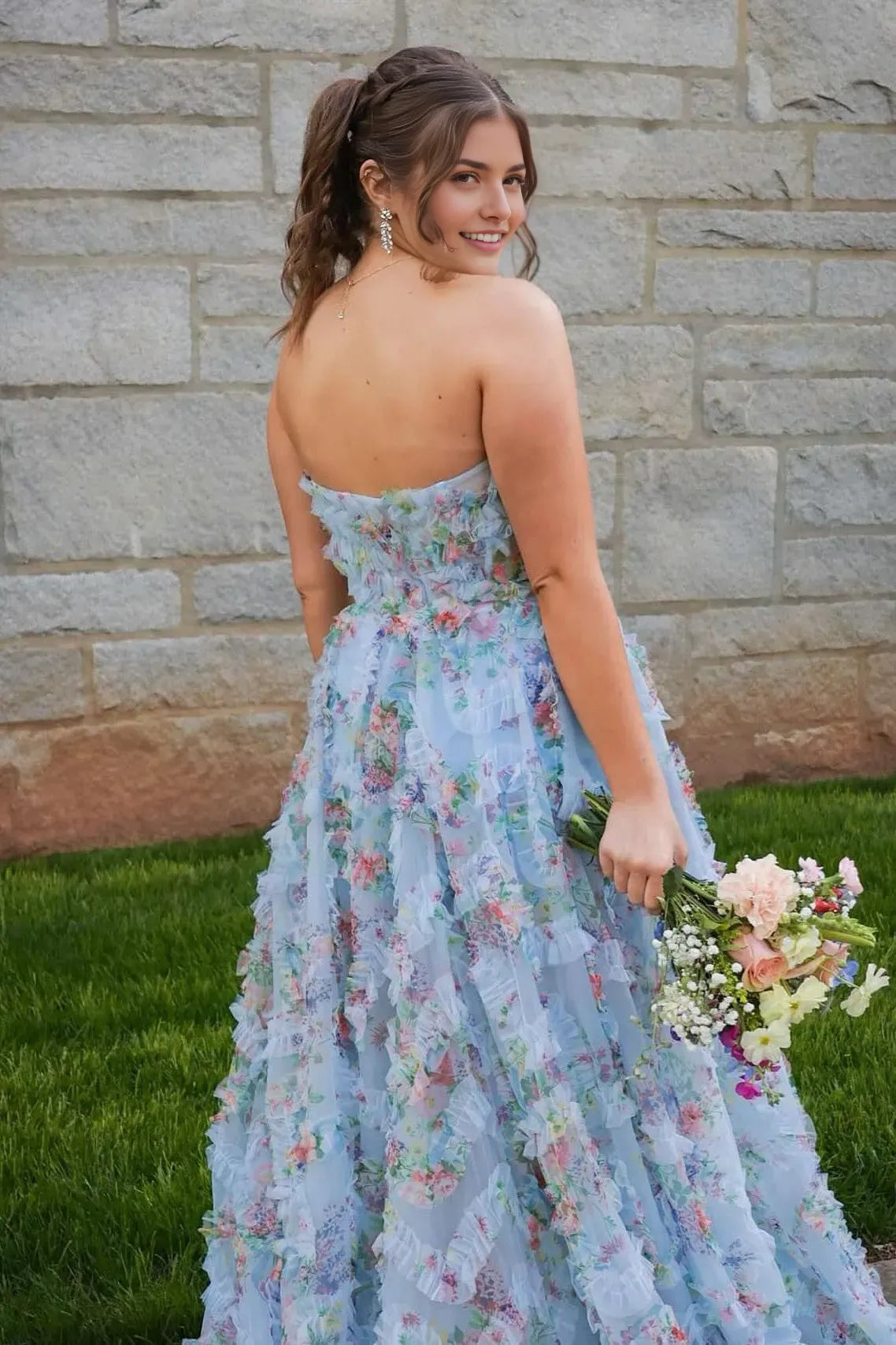 Romantic Blue A -Line Strapless Sleeveless Backless Floral Print Ruffle Floor-Length Prom Dress with Slit