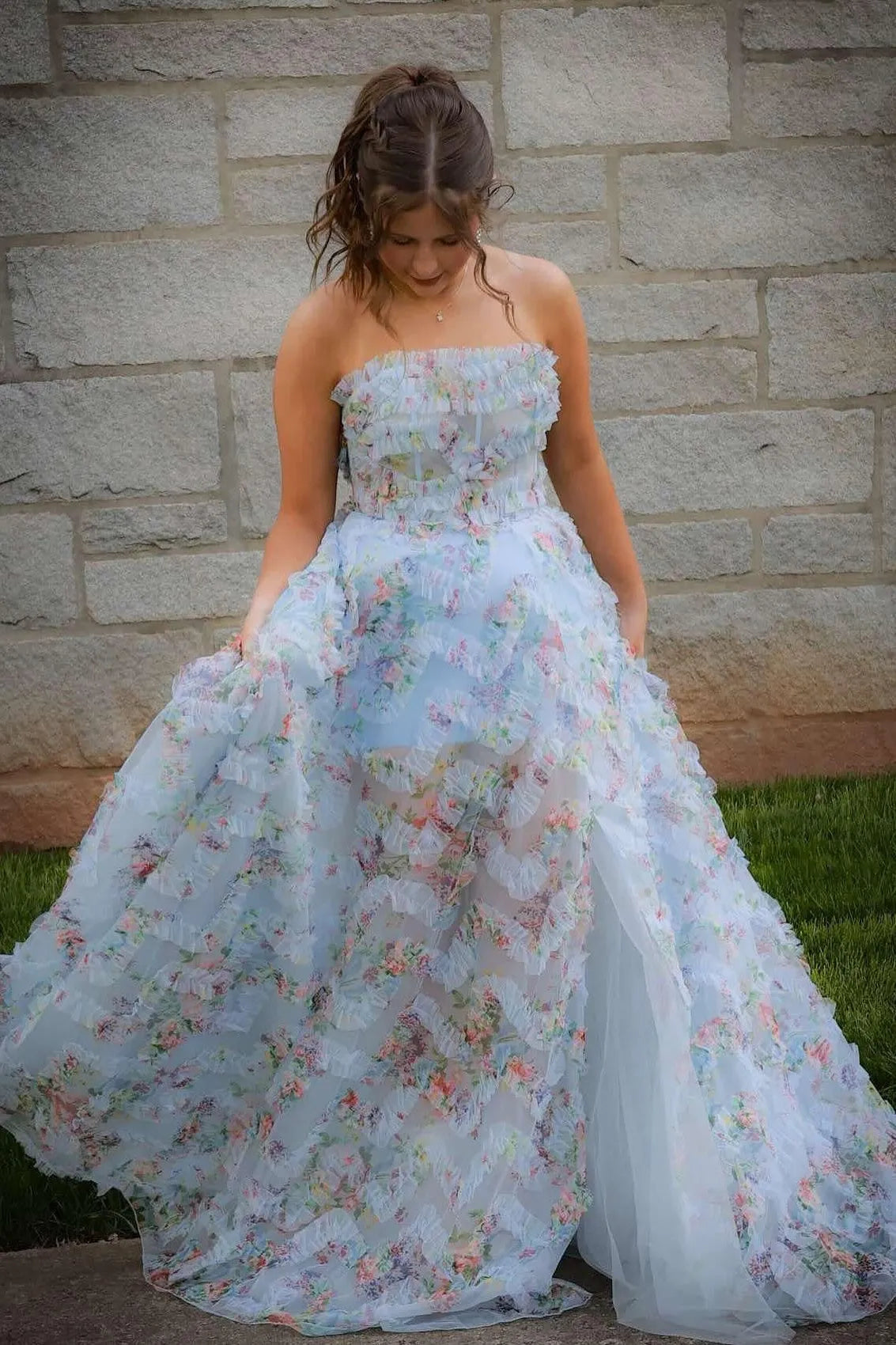 Romantic Blue A -Line Strapless Sleeveless Backless Floral Print Ruffle Floor-Length Prom Dress with Slit