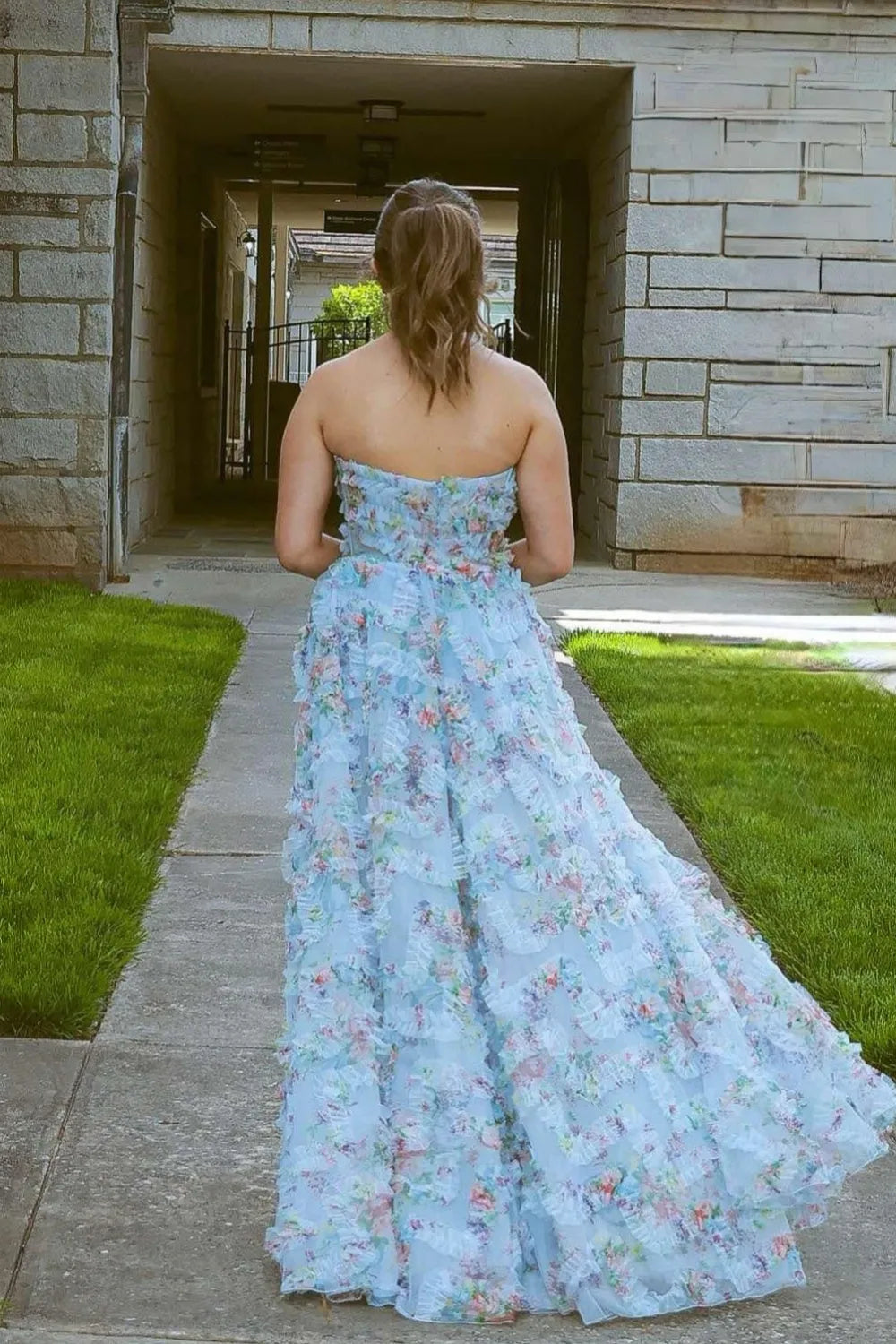 Romantic Blue A -Line Strapless Sleeveless Backless Floral Print Ruffle Floor-Length Prom Dress with Slit