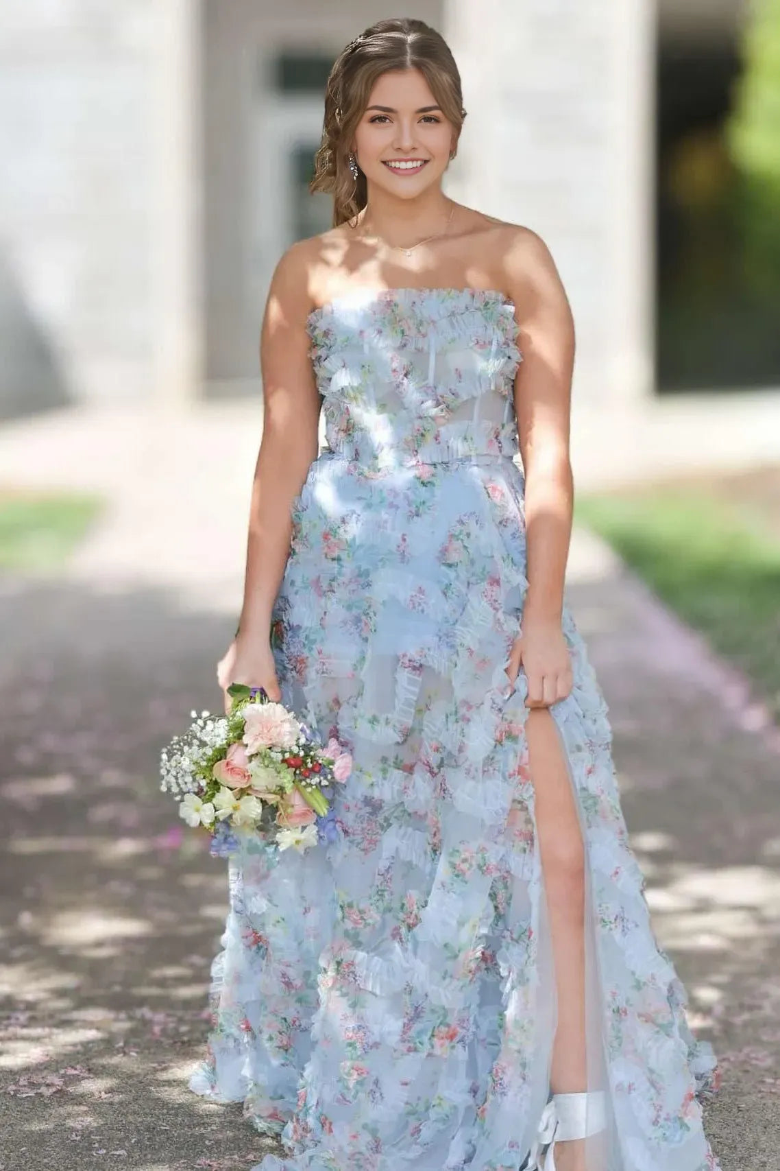 Romantic Blue A -Line Strapless Sleeveless Backless Floral Print Ruffle Floor-Length Prom Dress with Slit
