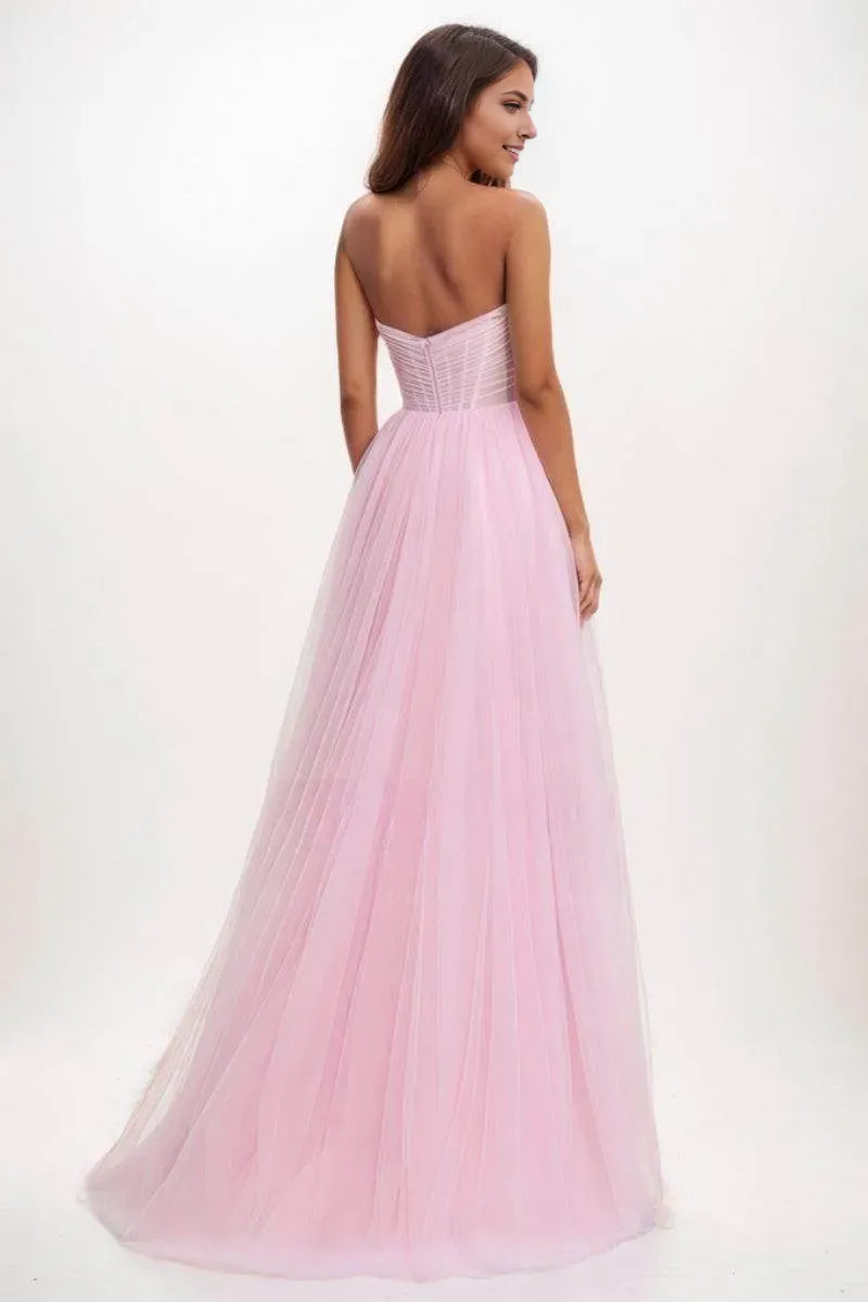 Romantic Blush A-Line Sweetheart Neck Strapless Back Zip Floor-Length Tulle Prom Dresses with Ruched