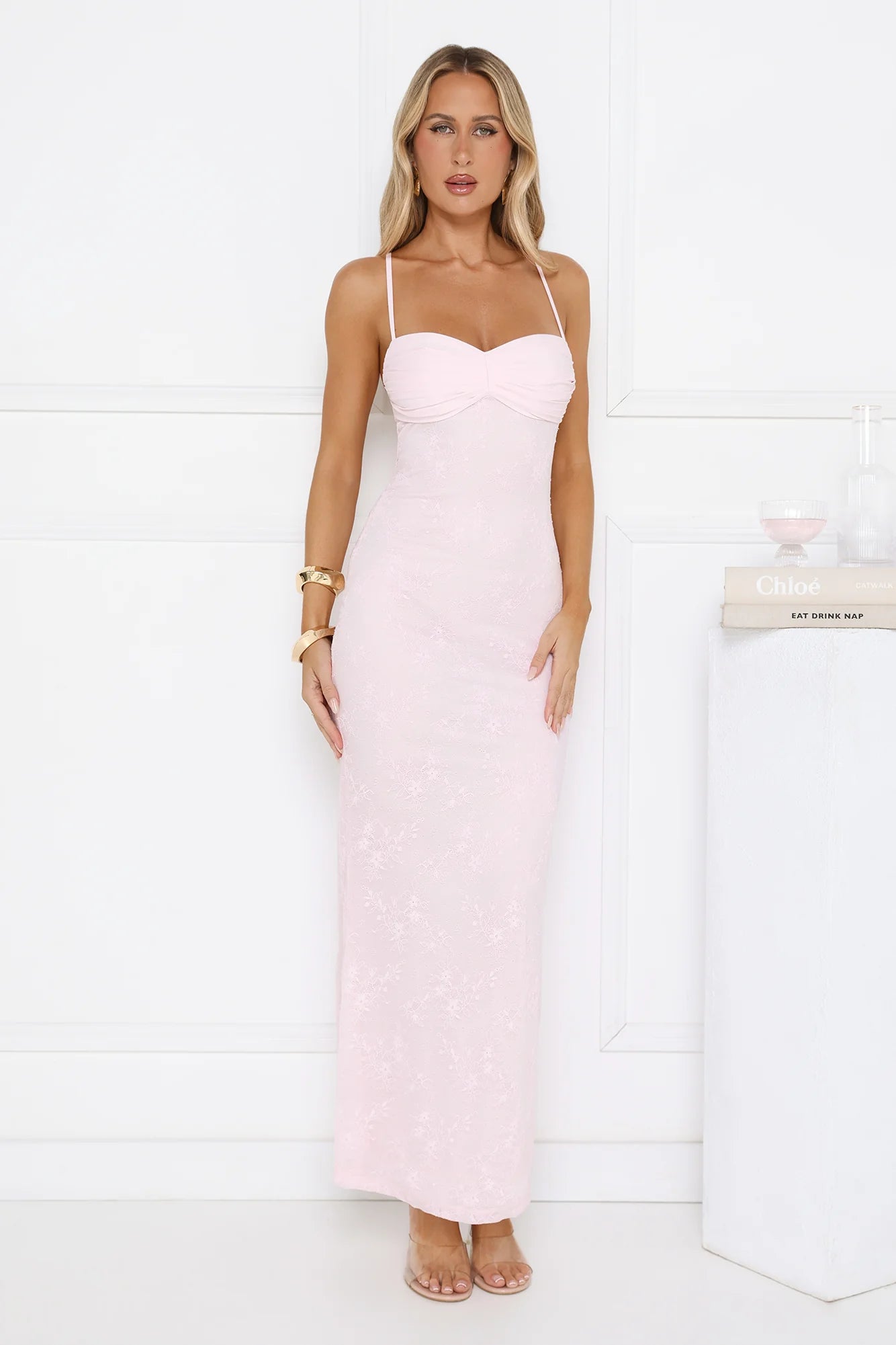 Romantic Blush Pink Floral Lace Maxi Dress with Sweetheart Neckline, Ruched Bust Detail, Crisscross Open Back Straps and Bodycon Mermaid Silhouette