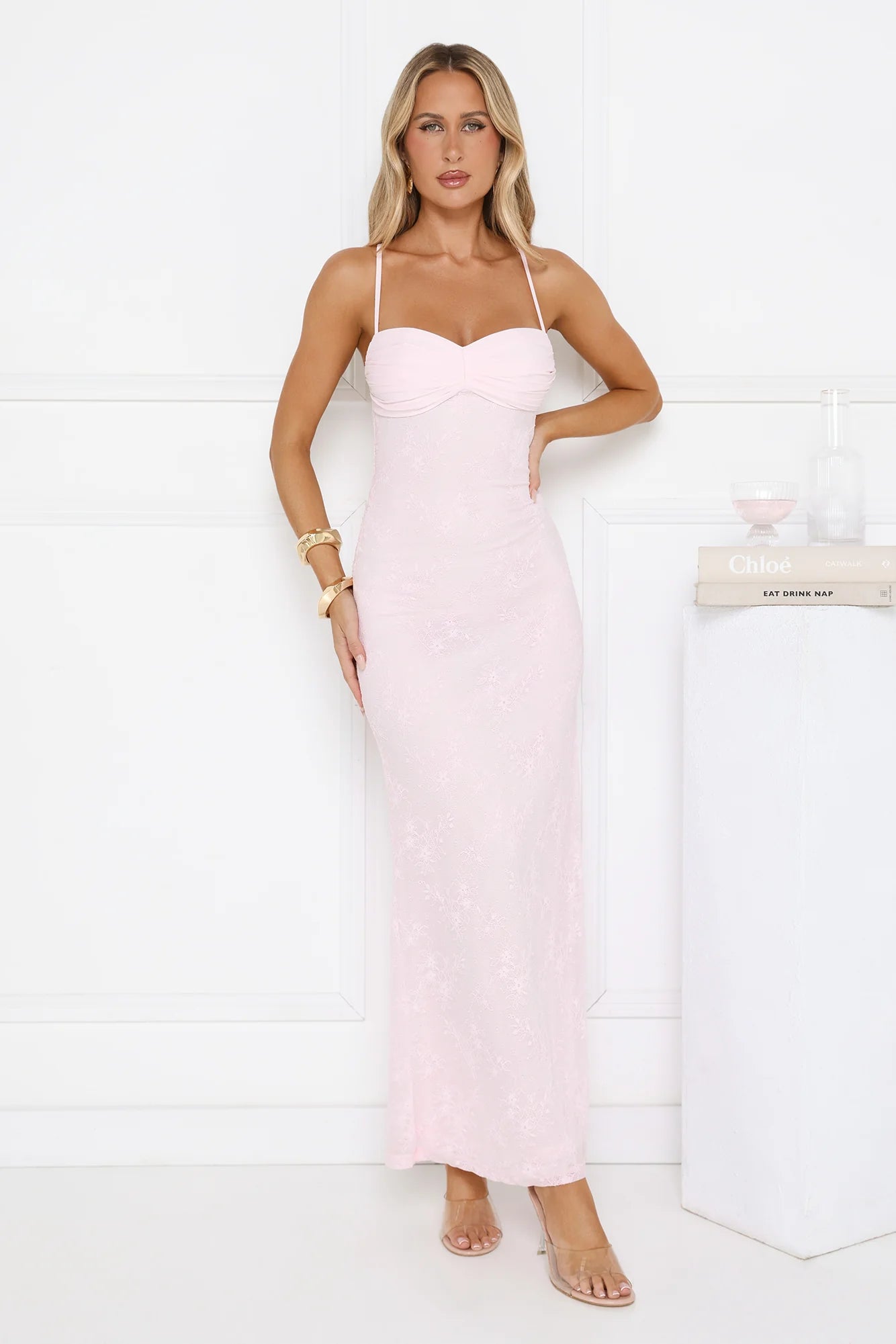 Romantic Blush Pink Floral Lace Maxi Dress with Sweetheart Neckline, Ruched Bust Detail, Crisscross Open Back Straps and Bodycon Mermaid Silhouette