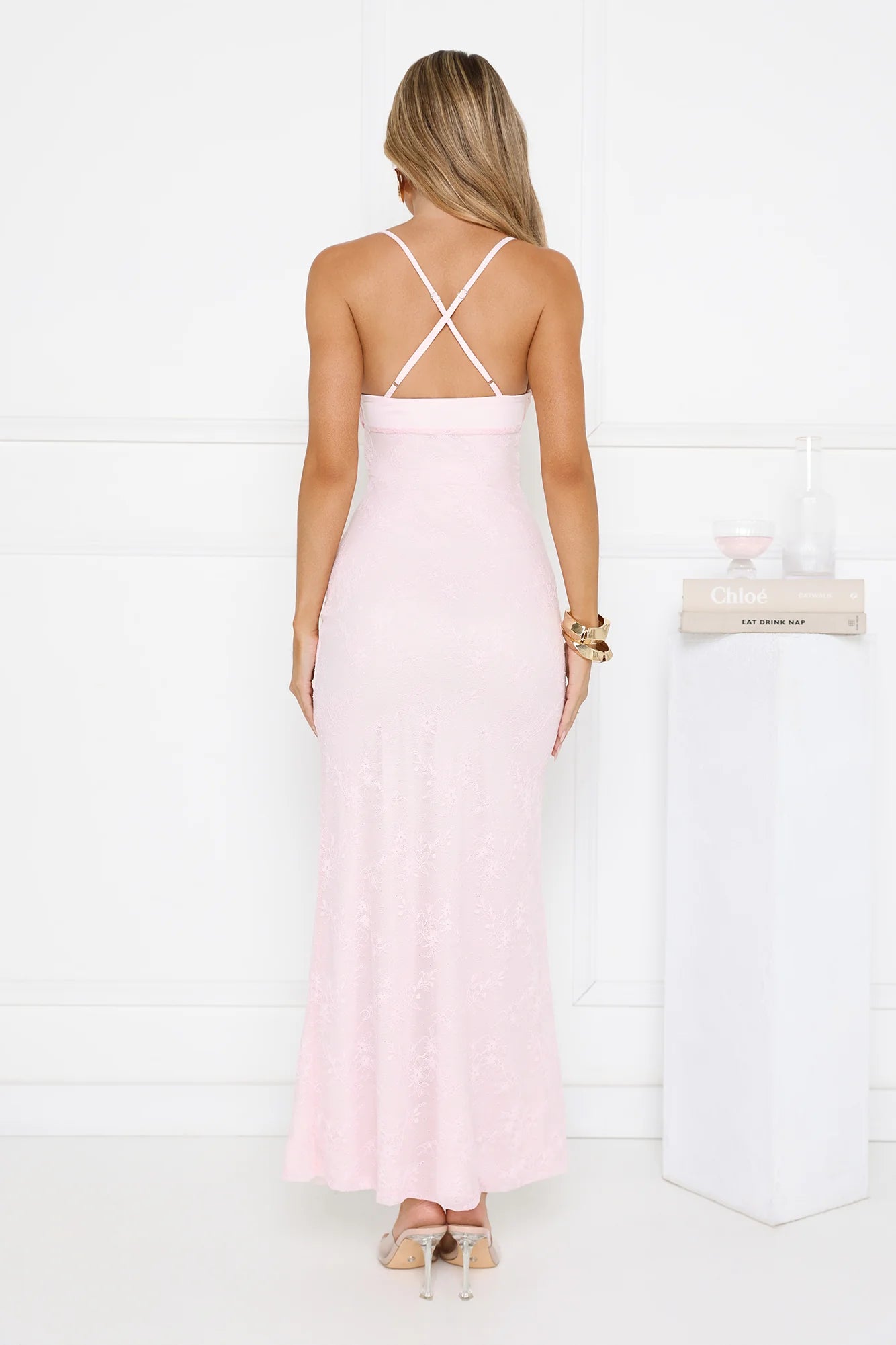 Romantic Blush Pink Floral Lace Maxi Dress with Sweetheart Neckline, Ruched Bust Detail, Crisscross Open Back Straps and Bodycon Mermaid Silhouette