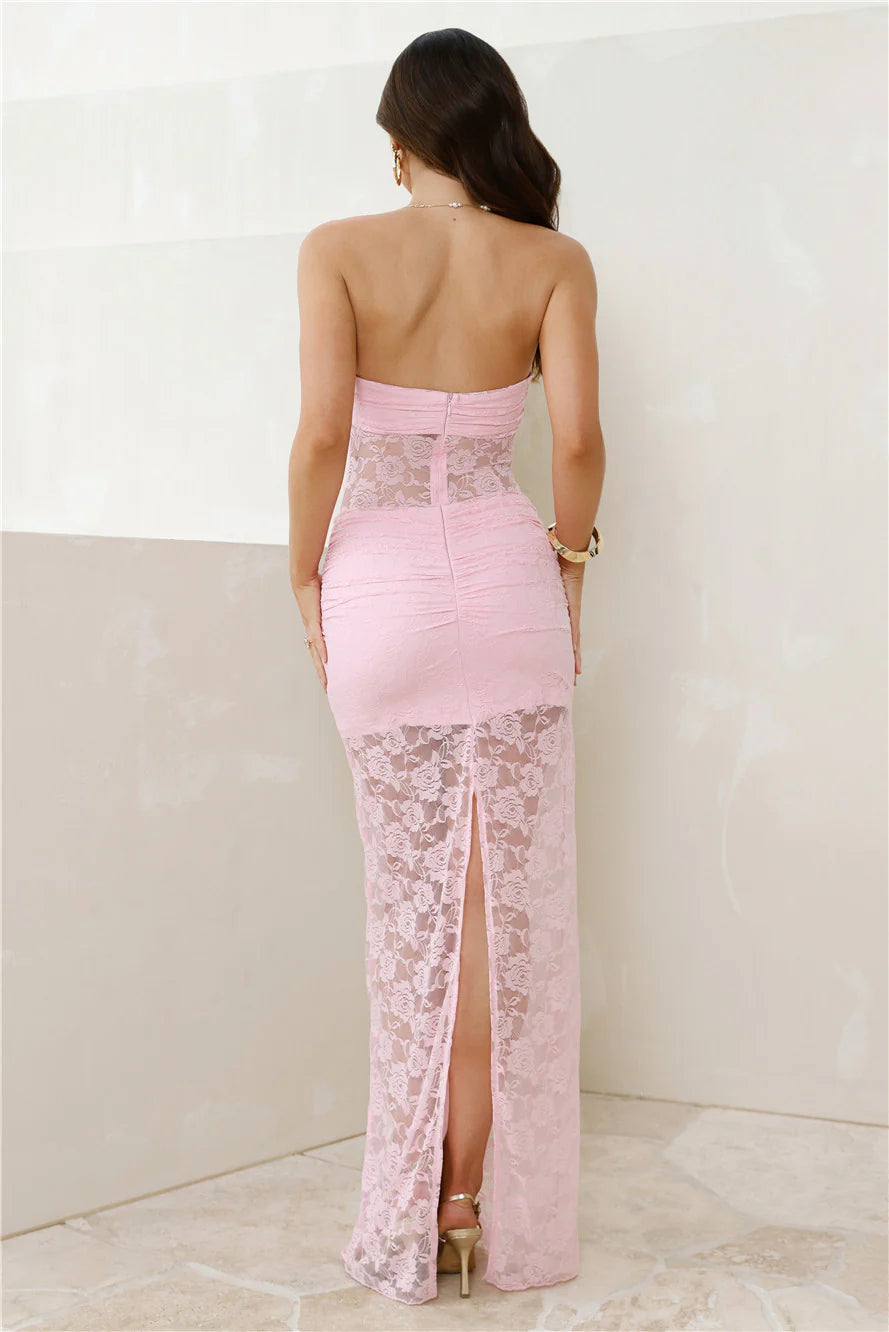 Romantic Blush Pink Strapless Lace Maxi Dress with Bow Detail, Sheer Mesh Waist Cutout, Ruched Mermaid Skirt, Vertical Ruffle Trim and Back Sli
