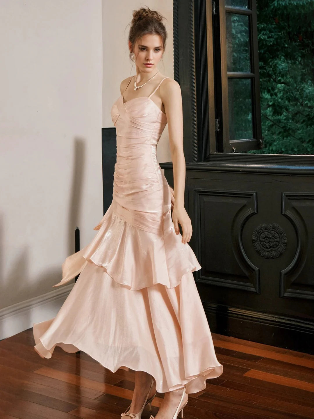 Romantic Blush Sweetheart Neck Spaghetti Strap Ruched Bodice Tiered Ruffle Mermaid Tea-Length Prom Dresses