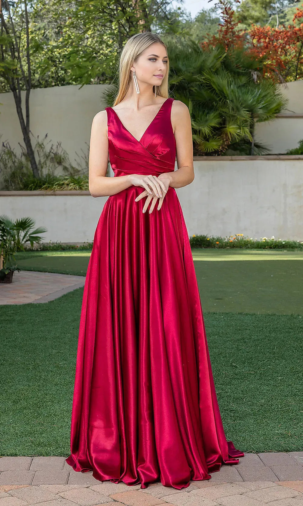 Romantic Burgundy A-Line V-Neck Sleeveless Back Zipper Floor-Length Ruched Bodice Satin Prom Dress