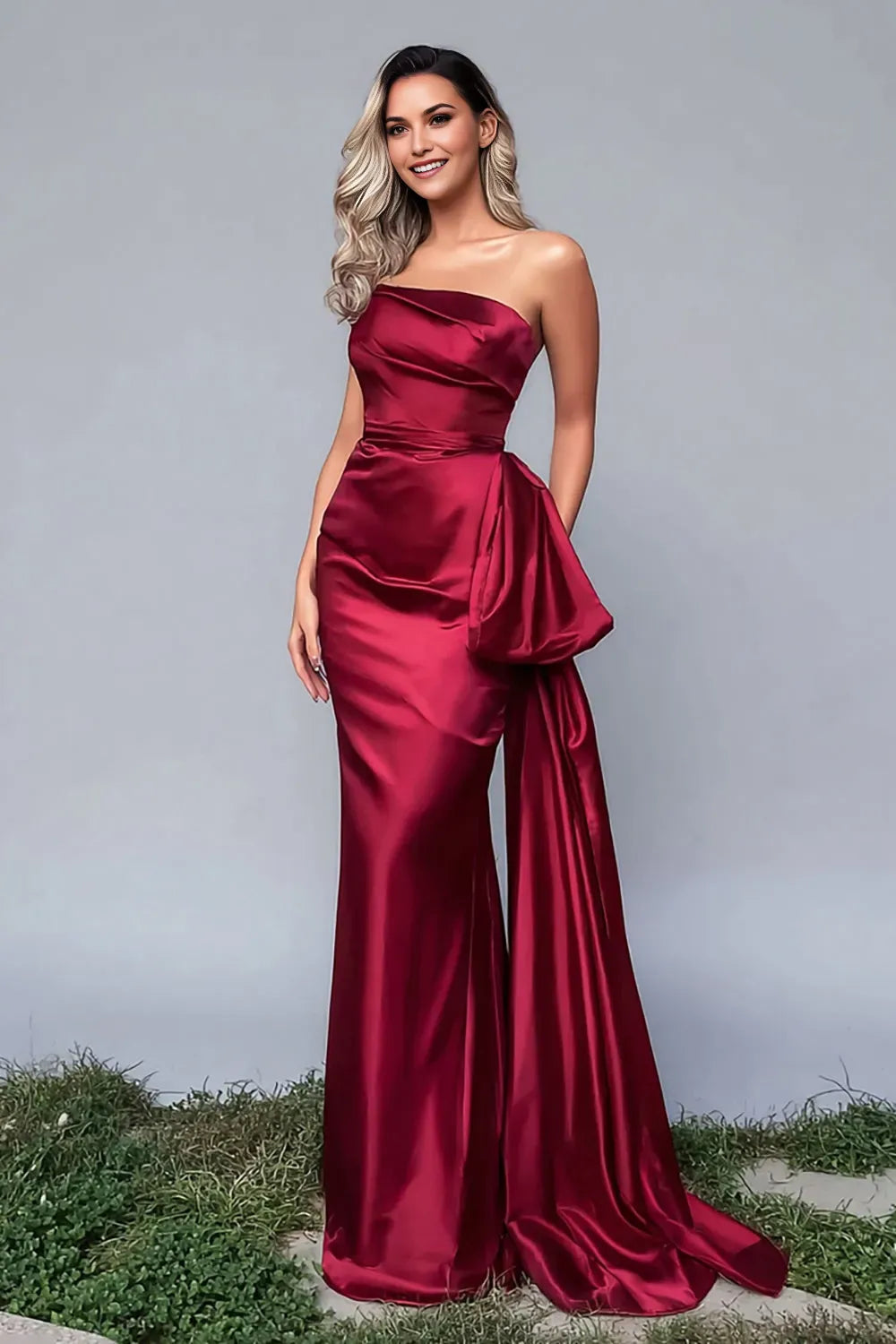 Romantic Burgundy Mermaid Strapless Sleeveless Lace Up Ruched Draped Bow Floor-Length Prom Dresses with Side Cape