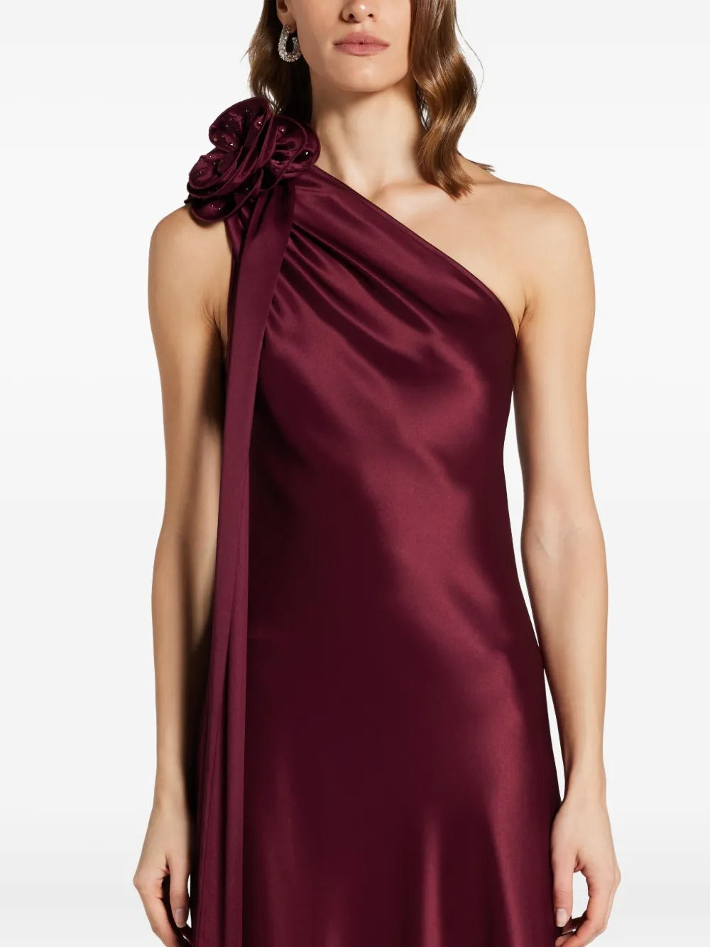 Romantic Burgundy Satin One-Shoulder Floral-Appliqué Evening Dress
