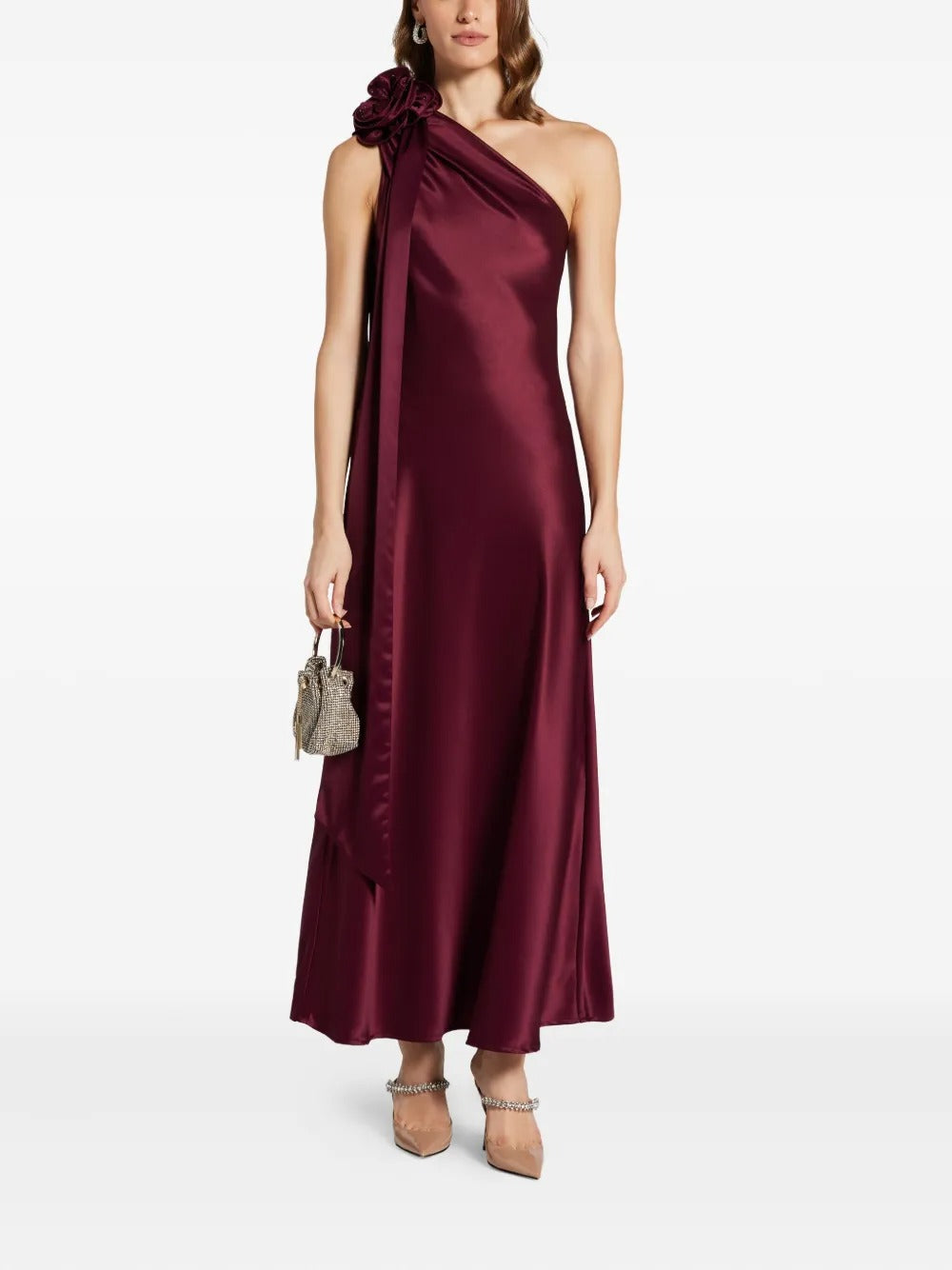 Romantic Burgundy Satin One-Shoulder Floral-Appliqué Evening Dress