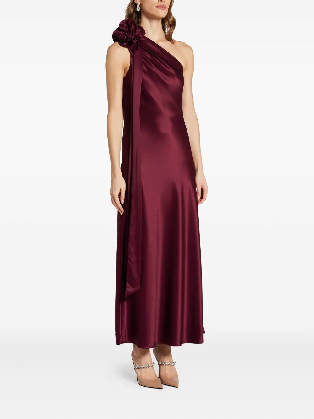 Romantic Burgundy Satin One-Shoulder Floral-Appliqué Evening Dress