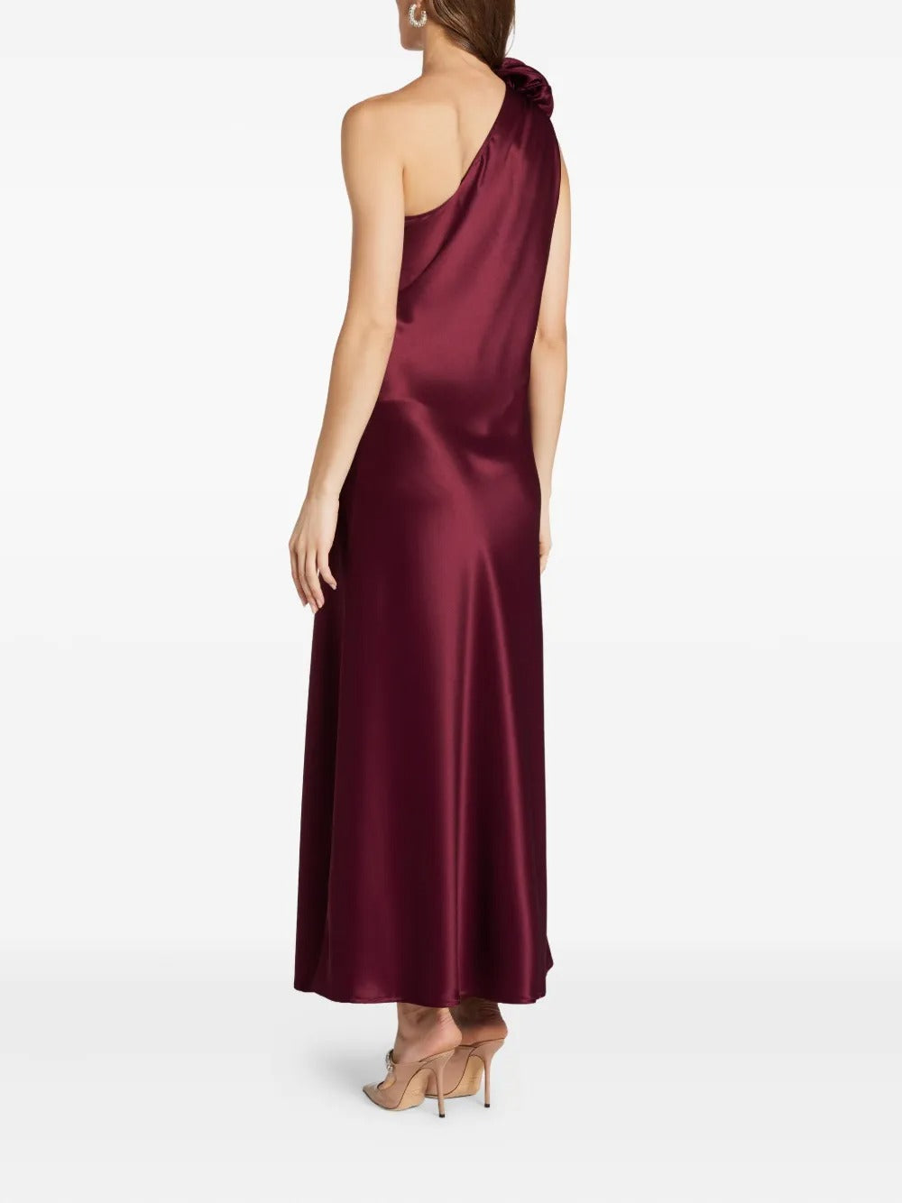 Romantic Burgundy Satin One-Shoulder Floral-Appliqué Evening Dress